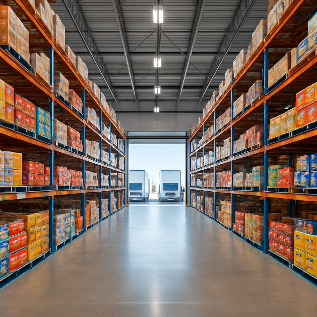 Crestline Distribution warehouse with loading docks and organized product shelving