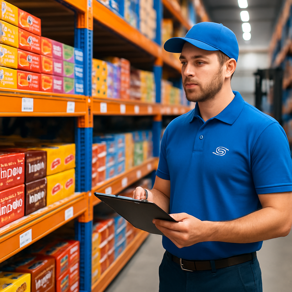 Snack distribution warehouse with organized inventory and staff checking stock
